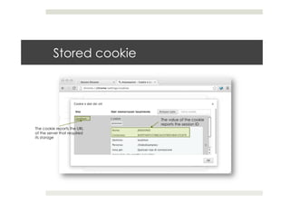 Stored cookie
The cookie reports the URL
of the server that required
its storage
The value of the cookie
reports the session ID
 