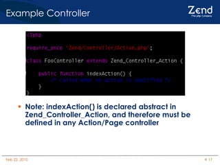 Example Controller Note: indexAction() is declared abstract in Zend_Controller_Action, and therefore must be defined in any Action/Page controller 