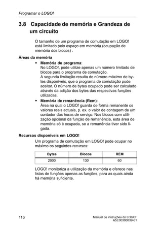Manual de instruções do LOGO!
A5E00380839-01
116
3.8 Capacidade de memória e Grandeza de
um circuito
O tamanho de um programa de comutação em LOGO!
está limitado pelo espaço em memória (ocupação de
memória dos blocos) .
Áreas da memória
S Memória do programa:
No LOGO!, pode utilize apenas um número limitado de
blocos para o programa de comutação.
A segunda limitação resulta do número máximo de by-
tes disponíveis, que o programa de comutação pode
aceitar. O número de bytes ocupado pode ser calculado
através da adição dos bytes das respectivas funções
utilizadas.
S Memória de remanência (Rem):
Área na qual o LOGO! guarda de forma remanente os
valores reais actuais, p. ex. o valor de contagem de um
contador das horas de serviço. Nos blocos com utili-
zação opcional da função de remanência, esta área de
memória só é ocupada, se a remanência tiver sido li-
gada.
Recursos disponíveis em LOGO!
Um programa de comutação em LOGO! pode ocupar no
máximo os seguintes recursos:
Bytes Blocos REM
2000 130 60
LOGO! monitoriza a utilização da memória e oferece nas
listas de funções apenas as funções, para as quais ainda
há memória suficiente.
Programar o LOGO!
 