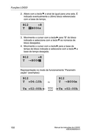 Manual de instruções do LOGO!
A5E00380839-01
150
2. Altere com a tecla o sinal de igual para uma seta. É
indicado eventualmente o último bloco referenciado
com a base de tempo.
B12 +R
T !B006s
3. Movimente o cursor com a tecla para “B” do bloco
indicado e seleccione com a tecla os números de
bloco desejados.
4. Movimente o cursor com a tecla para a base de
tempo do bloco indicado e seleccione com a tecla a
base de tempo desejada.
B12 +R
T !B006m
Representação no modo de funcionamento ”Parametri-
zação” (exemplos):
T =04:10hT =04:10
Ta =02:00h
B12
ou
B12
T !B006m
Ta =02:00htempo
actual
Funções LOGO!
 