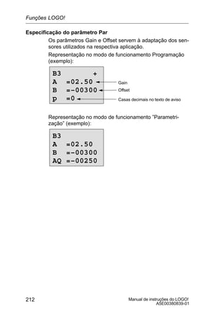 Manual de instruções do LOGO!
A5E00380839-01
212
Especificação do parâmetro Par
Os parâmetros Gain e Offset servem à adaptação dos sen-
sores utilizados na respectiva aplicação.
Representação no modo de funcionamento Programação
(exemplo):
Casas decimais no texto de aviso
B3 +
A =02.50
B =–00300
p =0
Offset
Gain
Representação no modo de funcionamento ”Parametri-
zação” (exemplo):
B3
A =02.50
B =–00300
AQ =–00250
Funções LOGO!
 