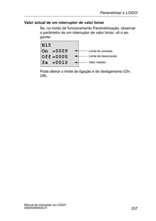 257
Manual de instruções do LOGO!
A5E00380839-01
Valor actual de um interruptor de valor limiar
Se, no modo de funcionamento Parametrização, observar
o parâmetro de um interruptor de valor limiar, vê o se-
guinte:
B15
On =0009
Off =0005
fa =0010
Limite de conexão
Limite de desconexão
Valor medido
Pode alterar o limite de ligação e de desligamento (On,
Off).
Parametrizar o LOGO!
 
