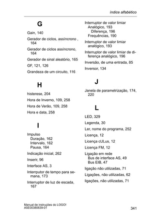 341
Manual de instruções do LOGO!
A5E00380839-01
G
Gain, 140
Gerador de ciclos, assíncrono ,
164
Gerador de ciclos assíncrono,
164
Gerador de sinal aleatório, 165
GF, 121, 126
Grandeza de um circuito, 116
H
histerese, 204
Hora de Inverno, 109, 258
Hora de Verão, 109, 258
Hora e data, 258
I
Impulso
Duração, 162
Intervalo, 162
Pausa, 164
Indicação inicial, 262
Inserir, 96
Interface AS, 3
Interrputor de tempo para se-
mana, 173
Interruptor de luz de escada,
167
Interruptor de valor limiar
Analógico, 193
Diferença, 196
Frequências, 190
Interruptor de valor limiar
analógico, 193
Interruptor de valor limiar de di-
ferença analógico, 196
Inversão, de uma entrada, 85
Inversor, 134
J
Janela de parametrização, 174,
220
L
LED, 329
Legenda, 30
Ler, nome do programa, 252
Licença, 12
Licença cULus, 12
Licença FM, 12
Ligação em rede
Bus de interface AS, 49
Bus EIB, 47
ligação não utilizadas, 71
Ligações, não utilizadas, 62
ligações, não utilizadas, 71
índice alfabético
 