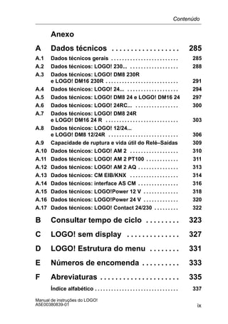 ix
Manual de instruções do LOGO!
A5E00380839-01
Anexo
A Dados técnicos 285. . . . . . . . . . . . . . . . . .
A.1 Dados técnicos gerais 285. . . . . . . . . . . . . . . . . . . . . . . . .
A.2 Dados técnicos: LOGO! 230... 288. . . . . . . . . . . . . . . . . .
A.3 Dados técnicos: LOGO! DM8 230R
e LOGO! DM16 230R 291. . . . . . . . . . . . . . . . . . . . . . . . . . .
A.4 Dados técnicos: LOGO! 24... 294. . . . . . . . . . . . . . . . . . .
A.5 Dados técnicos: LOGO! DM8 24 e LOGO! DM16 24 297
A.6 Dados técnicos: LOGO! 24RC... 300. . . . . . . . . . . . . . . .
A.7 Dados técnicos: LOGO! DM8 24R
e LOGO! DM16 24 R 303. . . . . . . . . . . . . . . . . . . . . . . . . . .
A.8 Dados técnicos: LOGO! 12/24...
e LOGO! DM8 12/24R 306. . . . . . . . . . . . . . . . . . . . . . . . . .
A.9 Capacidade de ruptura e vida útil do Relé–Saídas 309
A.10 Dados técnicos: LOGO! AM 2 310. . . . . . . . . . . . . . . . . .
A.11 Dados técnicos: LOGO! AM 2 PT100 311. . . . . . . . . . . .
A.12 Dados técnicos: LOGO! AM 2 AQ 313. . . . . . . . . . . . . . .
A.13 Dados técnicos: CM EIB/KNX 314. . . . . . . . . . . . . . . . . .
A.14 Dados técnicos: interface AS CM 316. . . . . . . . . . . . . . .
A.15 Dados técnicos: LOGO!Power 12 V 318. . . . . . . . . . . . .
A.16 Dados técnicos: LOGO!Power 24 V 320. . . . . . . . . . . . .
A.17 Dados técnicos: LOGO! Contact 24/230 322. . . . . . . . .
B Consultar tempo de ciclo 323. . . . . . . . .
C LOGO! sem display 327. . . . . . . . . . . . . .
D LOGO! Estrutura do menu 331. . . . . . . .
E Números de encomenda 333. . . . . . . . . .
F Abreviaturas 335. . . . . . . . . . . . . . . . . . . . .
Índice alfabético 337. . . . . . . . . . . . . . . . . . . . . . . . . . . . . . .
Contenúdo
 