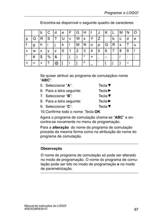 87
Manual de instruções do LOGO!
A5E00380839-01
Encontra-se disponível o seguinte quadro de caracteres:
b C d e F G H I J K L M N O
p Q R S T U v W x Y Z b c d e
f g h i j k l M N o p Q R s T u
v w x y z 0 1 2 3 4 5 6 7 8 9 !
” # $ %  ’ ( ) * + , – . / : ;
 =  ? @ [  ] ^ _ ‘ { | } ~
Se quiser atribuir ao programa de comutaçãoo nome
“ABC”:
5. Seleccionar “A”: Tecla
6. Para a letra seguinte: Tecla
7. Seleccionar “B”: Tecla
8. Para a letra seguinte: Tecla
9. Seleccionar “C”: Tecla
10.Confirme todo o nome: Tecla OK
Agora o programa de comutação chama-se “ABC” e en-
contra-se novamente no menu de programação.
Para a alteração do nome do programa de comutação
proceda da mesma forma como na atribuição do nome do
programa de comutação.
Observação
O nome do programa de comutação só pode ser alterado
no modo de programação. O nome do programa de comu-
tação pode ser lido no modo de programação e no modo
de parametrização.
Programar o LOGO!
 