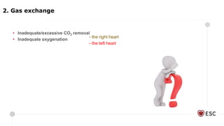 • Inadequate/excessive CO2 removal
• Inadequate oxygenation
- the right heart
- the left heart
2. Gas exchange
 