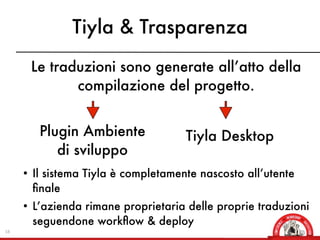 Tiyla & Trasparenza
      Le traduzioni sono generate all’atto della
             compilazione del progetto.


        Plugin Ambiente              Tiyla Desktop
           di sviluppo
     • Il sistema Tiyla è completamente nascosto all’utente
       ﬁnale
     • L’azienda rimane proprietaria delle proprie traduzioni
       seguendone workﬂow & deploy
18
 
