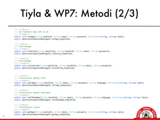 Tiyla & WP7: Metodi (2/3)
     	
  	
  	
  	
  	
  	
  	
  	
  ///	
  <summary>
     	
  	
  	
  	
  	
  	
  	
  	
  ///	
  set	
  KeyPairs	
  App	
  info	
  to	
  db
     	
  	
  	
  	
  	
  	
  	
  	
  ///	
  </summary>
     	
  	
  	
  	
  	
  	
  	
  	
  public	
  void	
  setApp(String	
  bundleId,	
  String	
  email,	
  String	
  password,	
  Dictionary<string,	
  string>	
  data);
     	
  	
  	
  	
  	
  	
  	
  	
  public	
  OperationCompletedDelegate	
  setApp_Completed;

     	
  	
  	
  	
  	
  	
  	
  	
  ///	
  <summary>
     	
  	
  	
  	
  	
  	
  	
  	
  ///	
  Crew	
  manage
     	
  	
  	
  	
  	
  	
  	
  	
  ///	
  </summary>
     	
  	
  	
  	
  	
  	
  	
  	
  public	
  void	
  linkCrew(String	
  emailCrew,	
  String	
  bundleId,	
  String	
  email,	
  String	
  password);
     	
  	
  	
  	
  	
  	
  	
  	
  public	
  OperationCompletedDelegate	
  linkCrew_Completed;
     	
  	
  	
  	
  	
  	
  	
  	
  
     	
  	
  	
  	
  	
  	
  	
  	
  ///	
  <summary>
     	
  	
  	
  	
  	
  	
  	
  	
  ///	
  Crew	
  manage
     	
  	
  	
  	
  	
  	
  	
  	
  ///	
  </summary>	
  	
  	
  	
  	
  	
  	
  	
  
     	
  	
  	
  	
  	
  	
  	
  	
  public	
  void	
  unlinkCrew(String	
  emailCrew,	
  String	
  bundleId,	
  String	
  email,	
  String	
  password);
     	
  	
  	
  	
  	
  	
  	
  	
  public	
  OperationCompletedDelegate	
  unlinkCrew_Completed;


     	
  	
  	
  	
  	
  	
  	
  	
  ///	
  <summary>
     	
  	
  	
  	
  	
  	
  	
  	
  ///	
  Translations	
  Update	
  Crew
     	
  	
  	
  	
  	
  	
  	
  	
  ///	
  </summary>	
  	
  	
  	
  	
  	
  	
  
     	
  	
  	
  	
  	
  	
  	
  	
  public	
  void	
  setTApp(String	
  bundleId,	
  String	
  email,	
  String	
  password,	
  String	
  language,	
  Dictionary<string,	
  string>	
  data);
     	
  	
  	
  	
  	
  	
  	
  	
  public	
  OperationCompletedDelegate	
  setTApp_Completed;

     	
  	
  	
  	
  	
  	
  	
  	
  ///	
  <summary>
     	
  	
  	
  	
  	
  	
  	
  	
  ///	
  Translations	
  Update	
  Developer
     	
  	
  	
  	
  	
  	
  	
  	
  ///	
  </summary>	
  	
  	
  	
  	
  	
  	
  
     	
  	
  	
  	
  	
  	
  	
  	
  public	
  bool	
  setTRankApp(String	
  bundleId,	
  String	
  email,	
  String	
  password,	
  String	
  language,	
  Dictionary<string,	
  string>	
  data);
     	
  	
  	
  	
  	
  	
  	
  	
  public	
  OperationCompletedDelegate	
  setTRankApp_Completed;

     	
  	
  	
  	
  	
  	
  	
  	
  ///	
  <summary>
     	
  	
  	
  	
  	
  	
  	
  	
  ///	
  Translations	
  Client
     	
  	
  	
  	
  	
  	
  	
  	
  ///	
  </summary>	
  	
  	
  	
  	
  	
  	
  
     	
  	
  	
  	
  	
  	
  	
  	
  public	
  void	
  getApp(String	
  bundleId,	
  String	
  email,	
  String	
  password,	
  Dictionary<string,	
  string>	
  data);
     	
  	
  	
  	
  	
  	
  	
  	
  public	
  OperationCompletedDelegate	
  getApp_Completed;
65
 