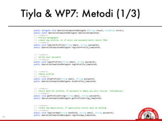 Tiyla & WP7: Metodi (1/3)
     	
  	
  	
  	
  	
  	
  	
  	
  public	
  delegate	
  void	
  OperationCompletedDelegate	
 ...