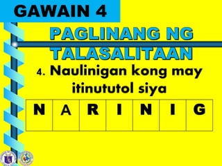GAWAIN 4
4. Naulinigan kong may
itinututol siya
N A R I N I G
 