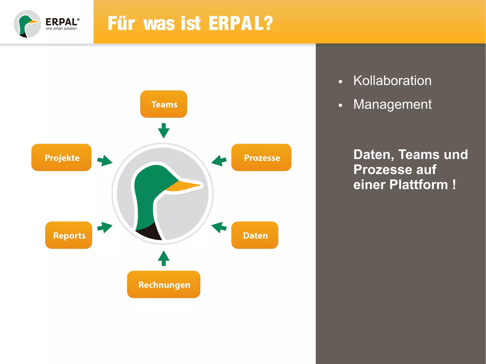 Für was ist ERPAL? 
• Kollaboration 
• Management 
Daten, Teams und 
Prozesse auf 
einer Plattform ! 
 