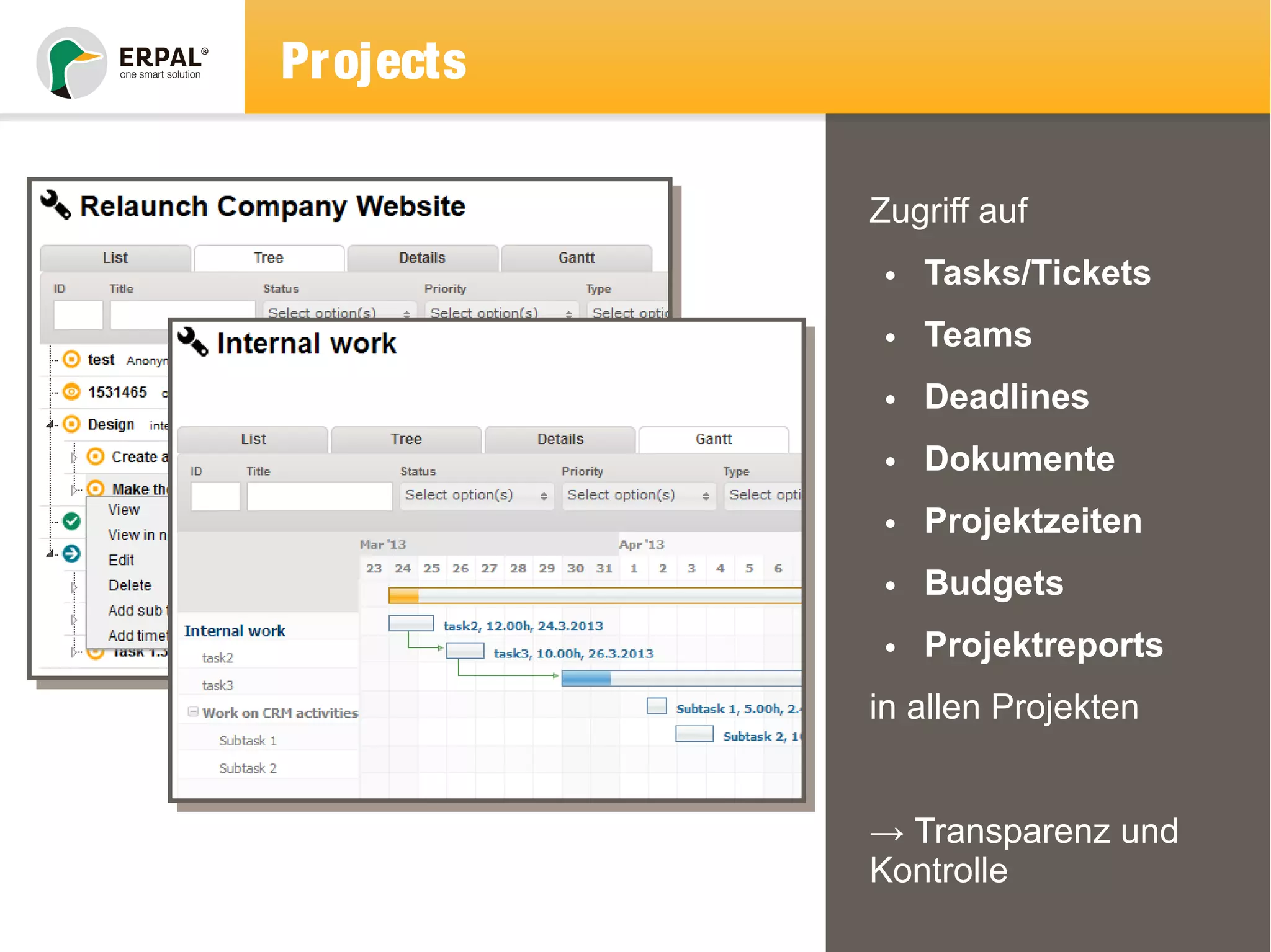 Projects 
Zugriff auf 
• Tasks/Tickets 
• Teams 
• Deadlines 
• Dokumente 
• Projektzeiten 
• Budgets 
• Projektreports 
in allen Projekten 
→ Transparenz und 
Kontrolle 
 