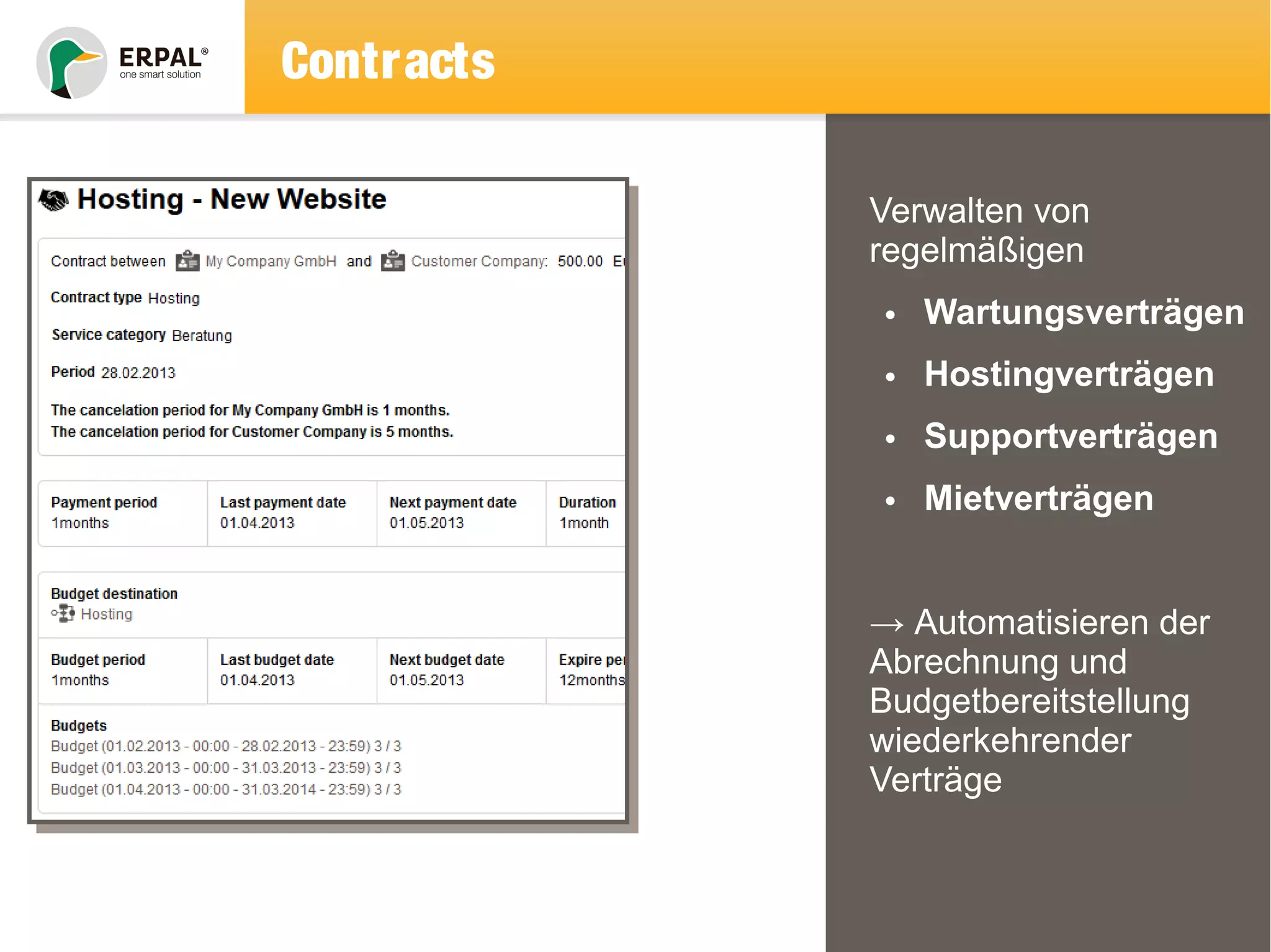Contracts 
Verwalten von 
regelmäßigen 
• Wartungsverträgen 
• Hostingverträgen 
• Supportverträgen 
• Mietverträgen 
→ Automatisieren der 
Abrechnung und 
Budgetbereitstellung 
wiederkehrender 
Verträge 
 