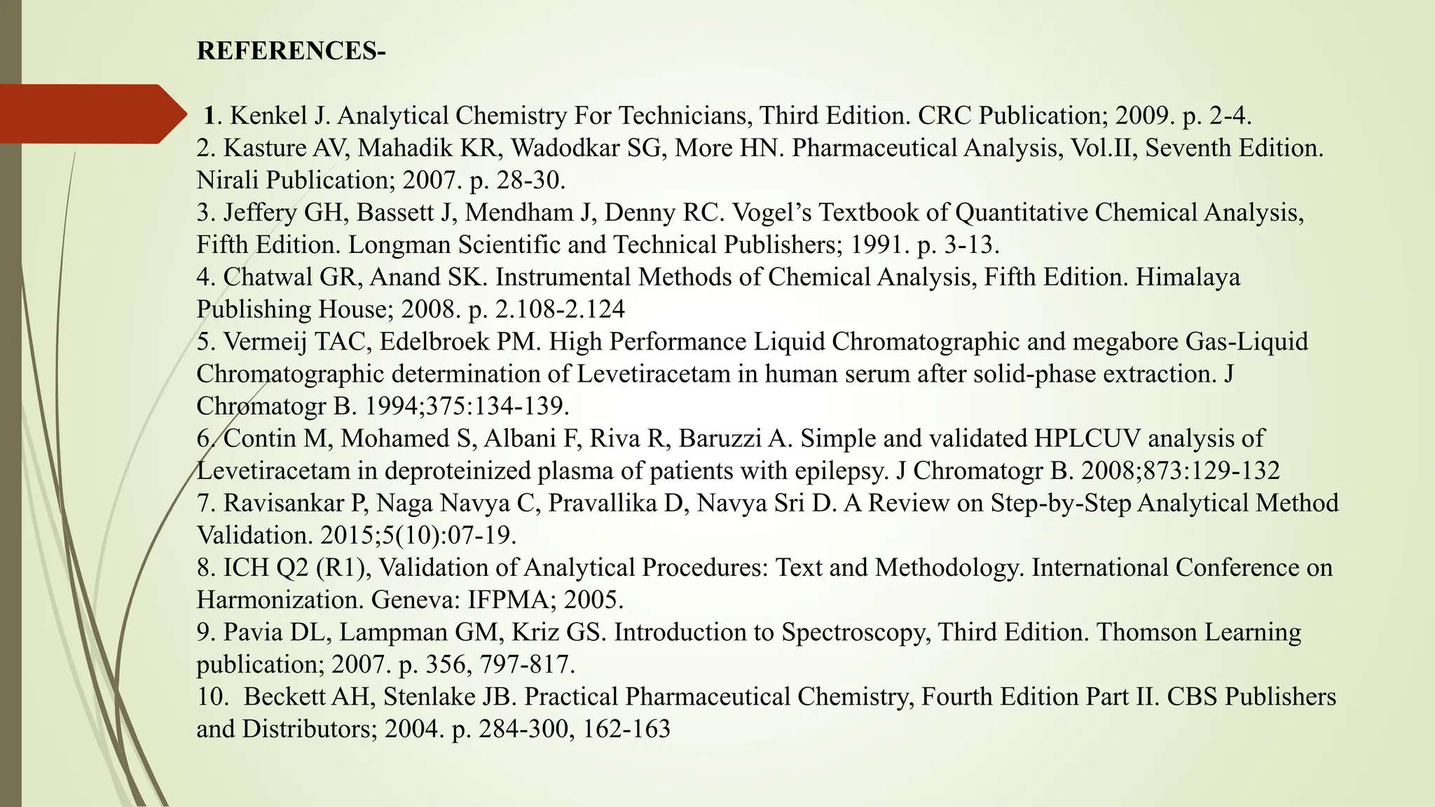 REFERENCES-
1. Kenkel J. Analytical Chemistry For Technicians, Third Edition. CRC Publication; 2009. p. 2-4.
2. Kasture AV, Mahadik KR, Wadodkar SG, More HN. Pharmaceutical Analysis, Vol.II, Seventh Edition.
Nirali Publication; 2007. p. 28-30.
3. Jeffery GH, Bassett J, Mendham J, Denny RC. Vogel’s Textbook of Quantitative Chemical Analysis,
Fifth Edition. Longman Scientific and Technical Publishers; 1991. p. 3-13.
4. Chatwal GR, Anand SK. Instrumental Methods of Chemical Analysis, Fifth Edition. Himalaya
Publishing House; 2008. p. 2.108-2.124
5. Vermeij TAC, Edelbroek PM. High Performance Liquid Chromatographic and megabore Gas-Liquid
Chromatographic determination of Levetiracetam in human serum after solid-phase extraction. J
Chromatogr B. 1994;375:134-139.
6. Contin M, Mohamed S, Albani F, Riva R, Baruzzi A. Simple and validated HPLCUV analysis of
Levetiracetam in deproteinized plasma of patients with epilepsy. J Chromatogr B. 2008;873:129-132
7. Ravisankar P, Naga Navya C, Pravallika D, Navya Sri D. A Review on Step-by-Step Analytical Method
Validation. 2015;5(10):07-19.
8. ICH Q2 (R1), Validation of Analytical Procedures: Text and Methodology. International Conference on
Harmonization. Geneva: IFPMA; 2005.
9. Pavia DL, Lampman GM, Kriz GS. Introduction to Spectroscopy, Third Edition. Thomson Learning
publication; 2007. p. 356, 797-817.
10. Beckett AH, Stenlake JB. Practical Pharmaceutical Chemistry, Fourth Edition Part II. CBS Publishers
and Distributors; 2004. p. 284-300, 162-163
 