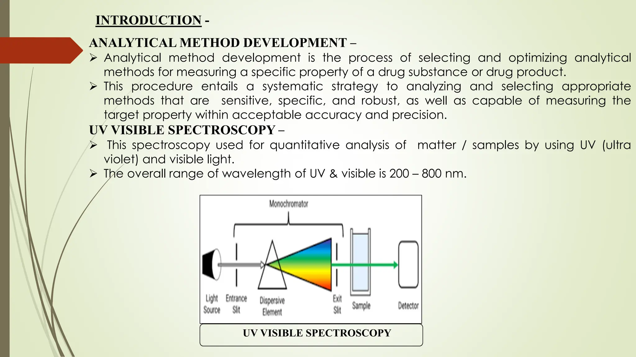 ANALYTICAL METHOD DEVELOPMENT –
 Analytical method development is the process of selecting and optimizing analytical
methods for measuring a specific property of a drug substance or drug product.
 This procedure entails a systematic strategy to analyzing and selecting appropriate
methods that are sensitive, specific, and robust, as well as capable of measuring the
target property within acceptable accuracy and precision.
UV VISIBLE SPECTROSCOPY –
 This spectroscopy used for quantitative analysis of matter / samples by using UV (ultra
violet) and visible light.
 The overall range of wavelength of UV & visible is 200 – 800 nm.
INTRODUCTION -
UV VISIBLE SPECTROSCOPY
 