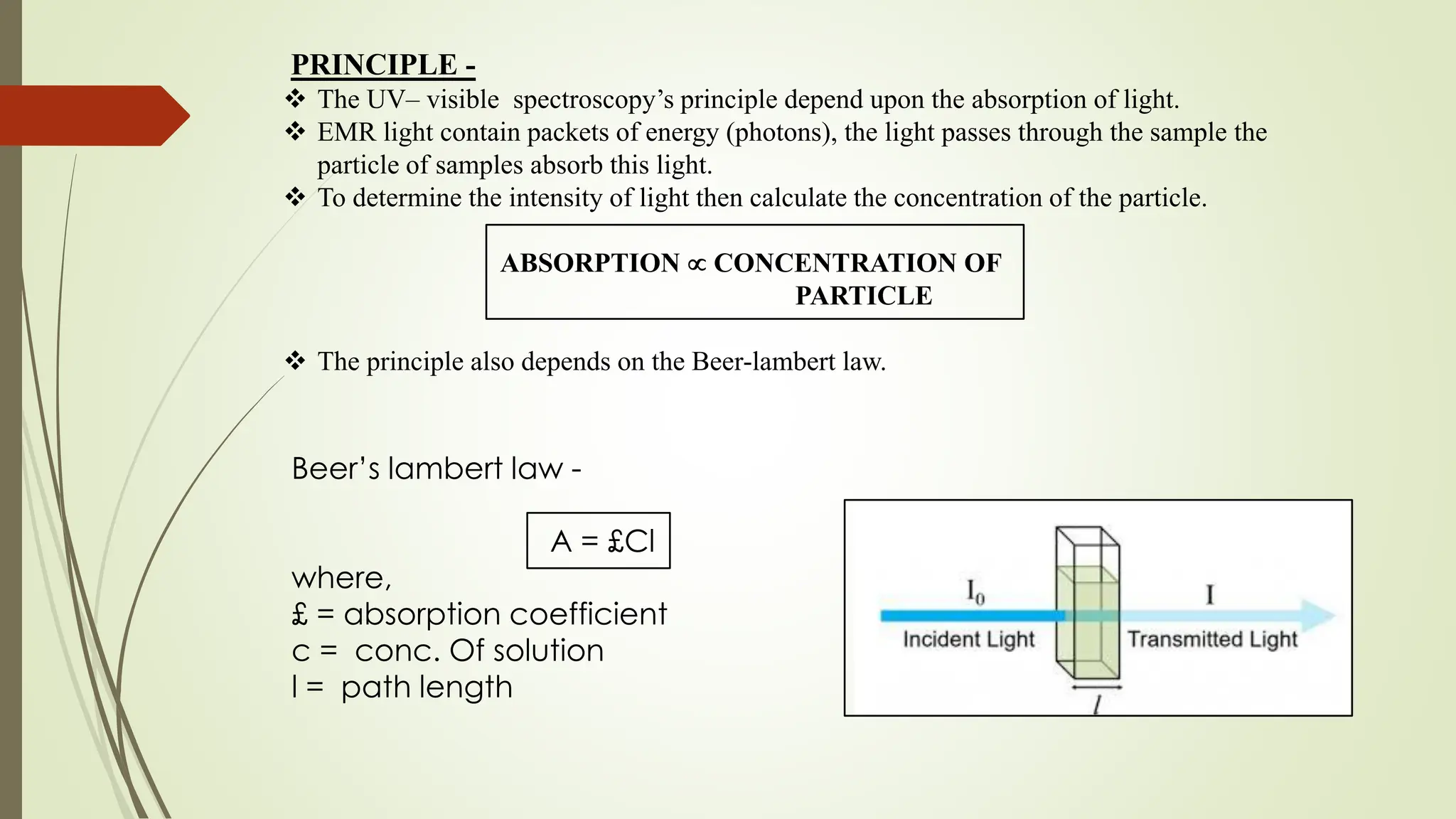 PRINCIPLE -
 The UV– visible spectroscopy’s principle depend upon the absorption of light.
 EMR light contain packets of energy (photons), the light passes through the sample the
particle of samples absorb this light.
 To determine the intensity of light then calculate the concentration of the particle.
ABSORPTION  CONCENTRATION OF
PARTICLE
 The principle also depends on the Beer-lambert law.
Beer’s lambert law -
A = £Cl
where,
£ = absorption coefficient
c = conc. Of solution
l = path length
 