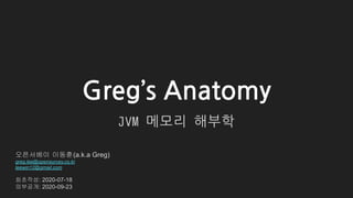 Greg’s Anatomy
JVM 메모리 해부학
오픈서베이 이동훈(a.k.a Greg)
greg.lee@opensurvey.co.kr
leewin12@gmail.com
최초작성: 2020-07-18
외부공개: 2020-09-23
 