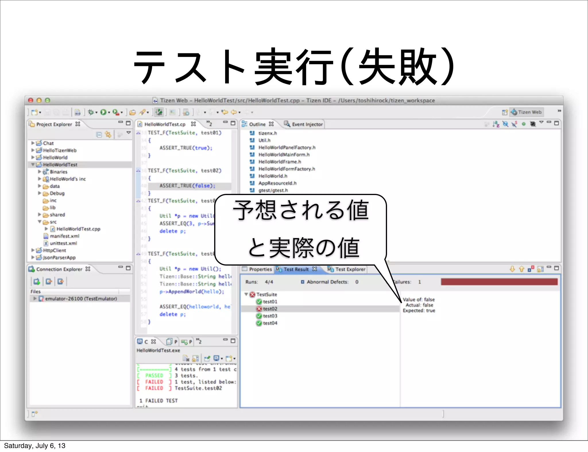 テスト実行(失敗)
予想される値
と実際の値
Saturday, July 6, 13
 