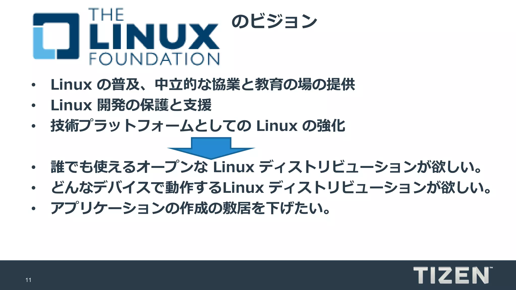 11
のビジョン
• Linux の普及、中立的な協業と教育の場の提供
• Linux 開発の保護と支援
• 技術プラットフォームとしての Linux の強化
• 誰でも使えるオープンな Linux ディストリビューションが欲しい。
• どんなデバイスで動作するLinux ディストリビューションが欲しい。
• アプリケーションの作成の敷居を下げたい。
 