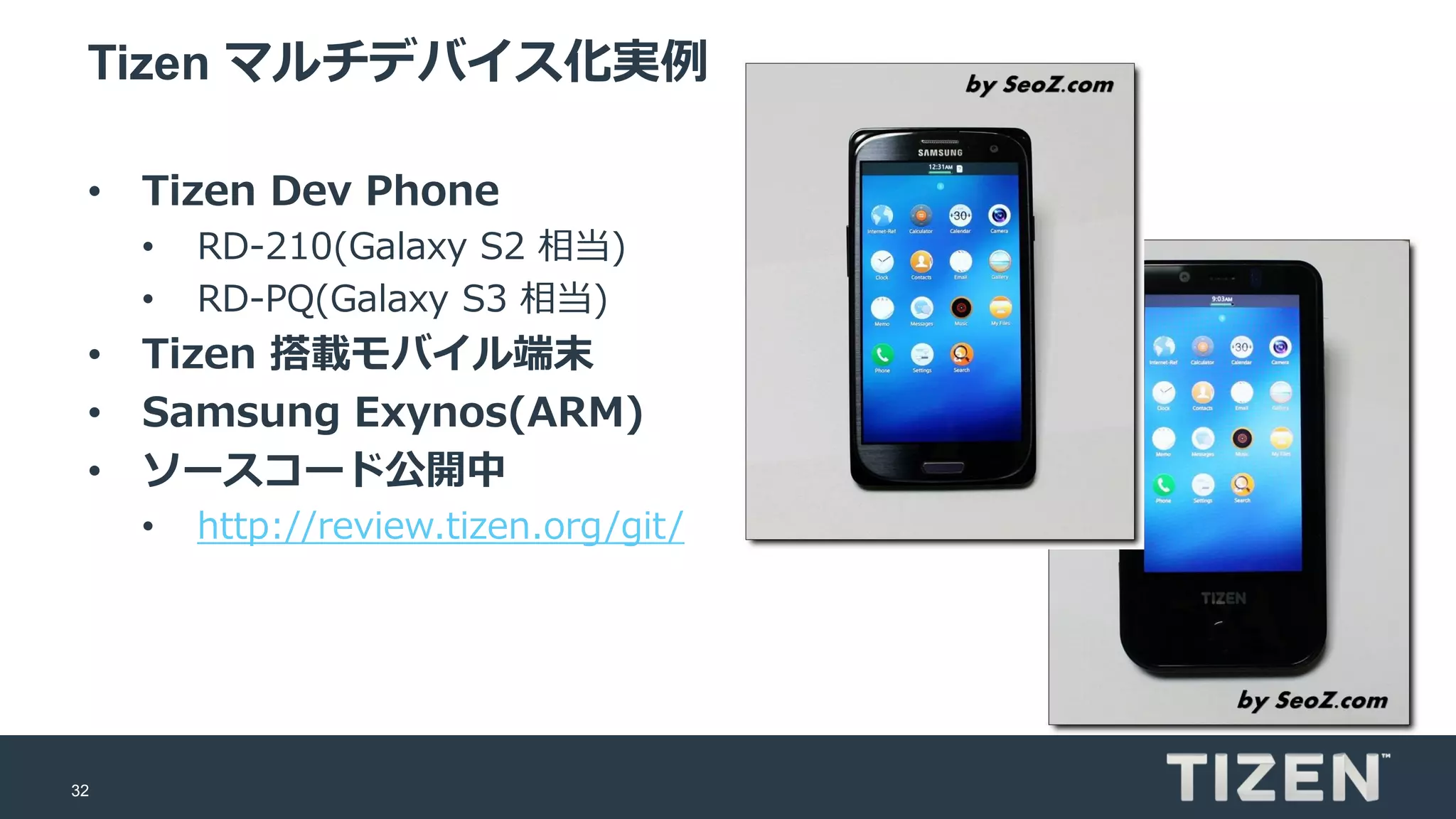 32
Tizen マルチデバイス化実例
• Tizen Dev Phone
• RD-210(Galaxy S2 相当)
• RD-PQ(Galaxy S3 相当)
• Tizen 搭載モバイル端末
• Samsung Exynos(ARM)
• ソースコード公開中
• http://review.tizen.org/git/
 
