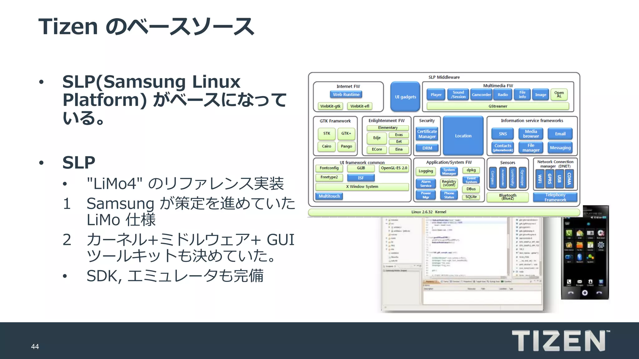 44
Tizen のベースソース
• SLP(Samsung Linux
Platform) がベースになって
いる。
• SLP
• "LiMo4" のリファレンス実装
1 Samsung が策定を進めていた
LiMo 仕様
2 カーネル+ミドルウェア+ GUI
ツールキットも決めていた。
• SDK, エミュレータも完備
 