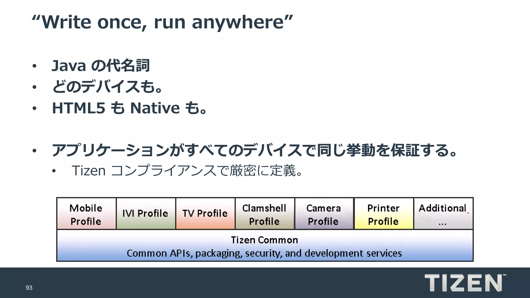 93
“Write once, run anywhere”
• Java の代名詞
• どのデバイスも。
• HTML5 も Native も。
• アプリケーションがすべてのデバイスで同じ挙動を保証する。
• Tizen コンプライアンスで厳密に定義。
 