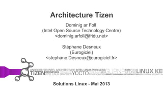 Architecture Tizen
Dominig ar Foll
(Intel Open Source Technology Centre)
<dominig.arfoll@fridu.net>
Stéphane Desneux
(Eurogiciel)
<stephane.Desneux@eurogiciel.fr>
Solutions Linux - Mai 2013
 