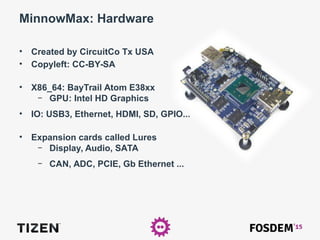 MinnowMax: Hardware
• Created by CircuitCo Tx USA
• Copyleft: CC-BY-SA
• X86_64: BayTrail Atom E38xx
– GPU: Intel HD Graphics
• IO: USB3, Ethernet, HDMI, SD, GPIO...
• Expansion cards called Lures
– Display, Audio, SATA
– CAN, ADC, PCIE, Gb Ethernet ...
 