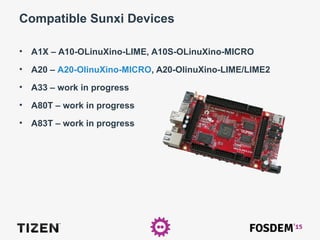 Compatible Sunxi Devices
• A1X – A10-OLinuXino-LIME, A10S-OLinuXino-MICRO
• A20 – A20-OlinuXino-MICRO, A20-OlinuXino-LIME/LIME2
• A33 – work in progress
• A80T – work in progress
• A83T – work in progress
 