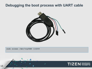 13 
Debugging the boot process with UART cable 
sudo screen /dev/ttyUSB0 115200 
 
