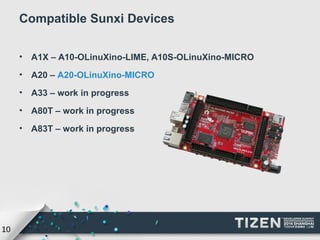 10 
Compatible Sunxi Devices 
• A1X – A10-OLinuXino-LIME, A10S-OLinuXino-MICRO 
• A20 – A20-OLinuXino-MICRO 
• A33 – work in progress 
• A80T – work in progress 
• A83T – work in progress 
 