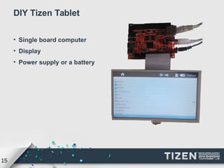 15 
DIY Tizen Tablet 
• Single board computer 
• Display 
• Power supply or a battery 
 