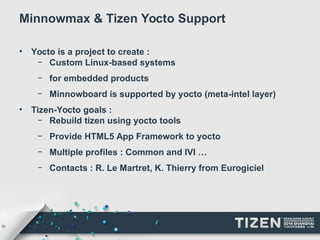 20 
Minnowmax & Tizen Yocto Support 
• Yocto is a project to create : 
– Custom Linux-based systems 
– for embedded products 
– Minnowboard is supported by yocto (meta-intel layer) 
• Tizen-Yocto goals : 
– Rebuild tizen using yocto tools 
– Provide HTML5 App Framework to yocto 
– Multiple profiles : Common and IVI … 
– Contacts : R. Le Martret, K. Thierry from Eurogiciel 
 