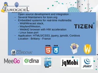 Open source development and integration : 
– Several Maintainers for tizen.org 
– Embedded systems for real-time multimedia: 
- Widi/Miracast stack, 
- Wayland/Weston, 
- Webkit2 browser with HW acceleration 
- Linux base port 
– Application: HTML5/CSS3, jquery, jqmobi, Cordova 
Location : Brittany - France 
 