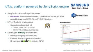Samsung Open Source Group 8 https://www.meetup.com/Rennes-Embedded/
IoT.js: platform powered by JerryScript engine
● JerryScript: A JavaScript interpreter
– Optimized for constrained devices: <64 KB RAM & <200 KB ROM
– Available in various RTOS: Tizen:RT, RIOT, Zephyr…
● IoT.js: Runtime environment
– Supports modules (built in)
● Timers, GPIO, ADC, I2C,UART
● UDP, HTTP, WebSockets, DNS, BLE
● Developer friendly environment:
– Develop using iotjs on GNU/Linux
– Port and deploy to constrained device
– Or even port modules (NPM)
 
