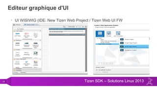 18 Tizen SDK – Solutions Linux 2013
Editeur graphique d'UI
• UI WISIWIG (IDE: New Tizen Web Project / Tizen Web UI FW
 