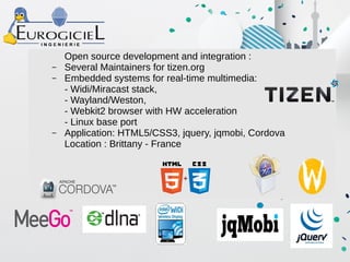 Open source development and integration :
– Several Maintainers for tizen.org
– Embedded systems for real-time multimedia:
- Widi/Miracast stack,
- Wayland/Weston,
- Webkit2 browser with HW acceleration
- Linux base port
– Application: HTML5/CSS3, jquery, jqmobi, Cordova
Location : Brittany - France
 