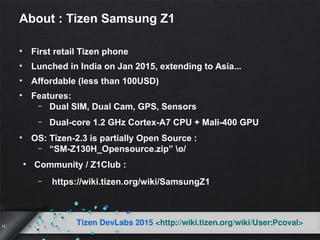 14
Tizen DevLabs 2015 <http://wiki.tizen.org/wiki/User:Pcoval>
Share Source to Community
●
Store and Opensource are compat...