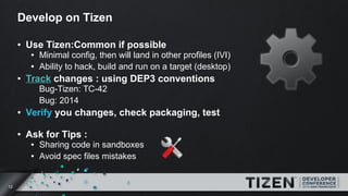 12
Develop on Tizen
● Use Tizen:Common if possible
● Minimal config, then will land in other profiles (IVI)
● Ability to h...