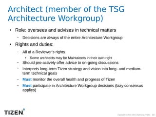 Architect (member of the TSG
Architecture Workgroup)
●

Role: oversees and advises in technical matters
–

●

Decisions ar...