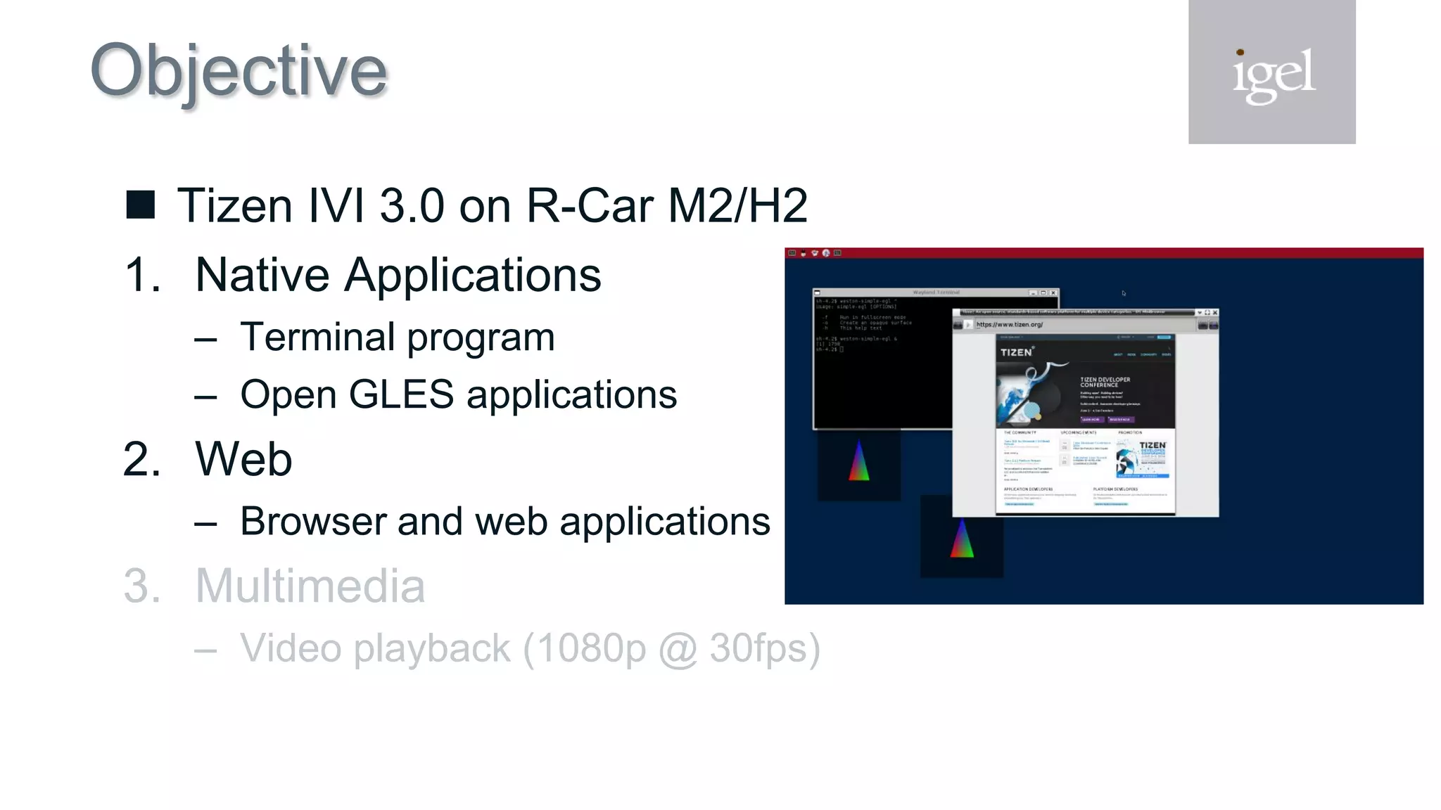 Objective
 Tizen IVI 3.0 on R-Car M2/H2
1. Native Applications
– Terminal program
– Open GLES applications
2. Web
– Browser and web applications
3. Multimedia
– Video playback (1080p @ 30fps)
 