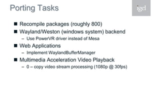 Porting Tasks
 Recompile packages (roughly 800)
 Wayland/Weston (windows system) backend
– Use PowerVR driver instead of Mesa
 Web Applications
– Implement WaylandBufferManager
 Multimedia Acceleration Video Playback
– 0 – copy video stream processing (1080p @ 30fps)
 