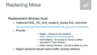 Replacing Mesa
Replacement libraries must
– Implement EGL_WL_bind_wayland_display EGL extension
http://cgit.freedesktop.org/mesa/mesa/tree/docs/specs/WL_bind_wayland_display.spec
– Provide
» libgbm – Access to drm backend
(https://github.com/robclark/libgbm)
» libdrm/libkms – for access to memory buffers
(provided in Tizen release)
» buffer sharing interface – (similar to Mesa wl_drm)
– libgbm backend should match buffer sharing interface
 