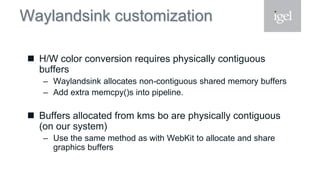 Waylandsink customization
 H/W color conversion requires physically contiguous
buffers
– Waylandsink allocates non-contiguous shared memory buffers
– Add extra memcpy()s into pipeline.
 Buffers allocated from kms bo are physically contiguous
(on our system)
– Use the same method as with WebKit to allocate and share
graphics buffers
 