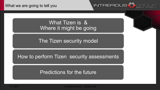 What we are going to tell you
What Tizen is &
Where it might be going
The Tizen security model
How to perform Tizen security assessments
Predictions for the future
1/17/2017 Intrepidus Group - Confidential
 