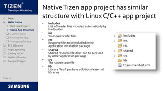 Developer Workshop
NativeTizen app project has similar
structure with Linux C/C++ app project
• Includes
List of header files included automatically by
the builder
• inc
Your own header files
• res
Resource files to be included in the
application installation package
• shared
Shared resource files that can be accessed
by other application package
• src
The source code file
• lib
Library files if you have additional external
libraries
 Intro
 Hello Native
 Start New Project
 Native App Structure
 C Crash Course
 Running the App
 Debugging the App
 EFL Libraries
 App Layouting
 Coding in C++
 Useful Libraries
 Sample Project
Page 13
 