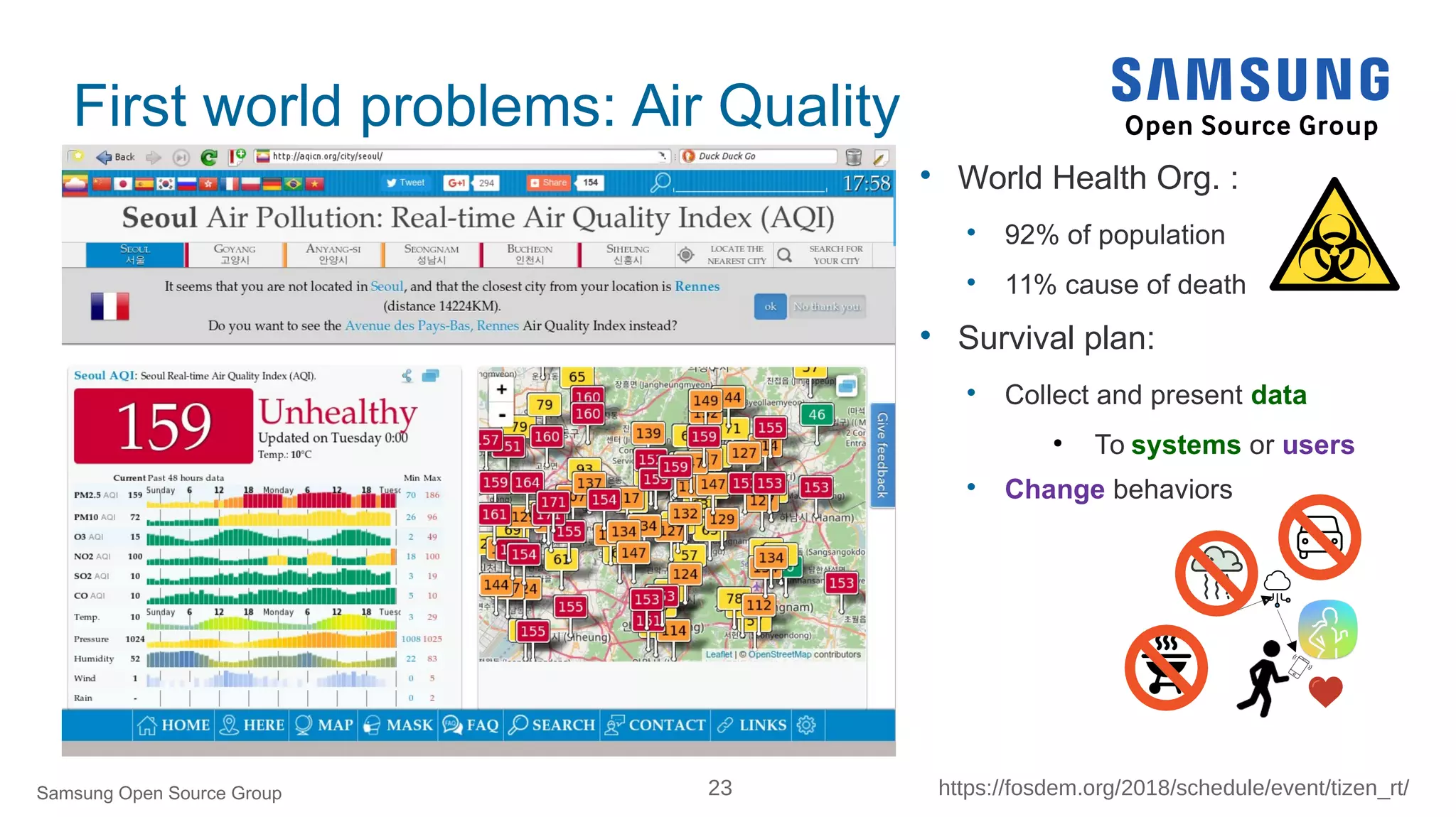 23 https://fosdem.org/2018/schedule/event/tizen_rt/
First world problems: Air Quality

World Health Org. :

92% of population

11% cause of death

Survival plan:

Collect and present data
●
To systems or users

Change behaviors
Samsung Open Source Group
 