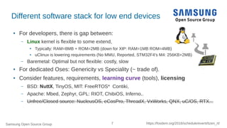 Samsung Open Source Group 7 https://fosdem.org/2018/schedule/event/tizen_rt/
Different software stack for low end devices
...