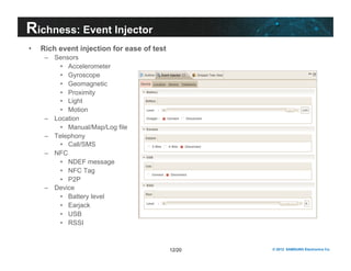 12/20 © 2012 SAMSUNG Electronics Co. 
Richness: Event Injector 
• Rich event injection for ease of test 
– Sensors 
• Accelerometer 
• Gyroscope 
• Geomagnetic 
• Proximity 
• Light 
• Motion 
– Location 
• Manual/Map/Log file 
– Telephony 
• Call/SMS 
– NFC 
• NDEF message 
• NFC Tag 
• P2P 
– Device 
• Battery level 
• Earjack 
• USB 
• RSSI 
 