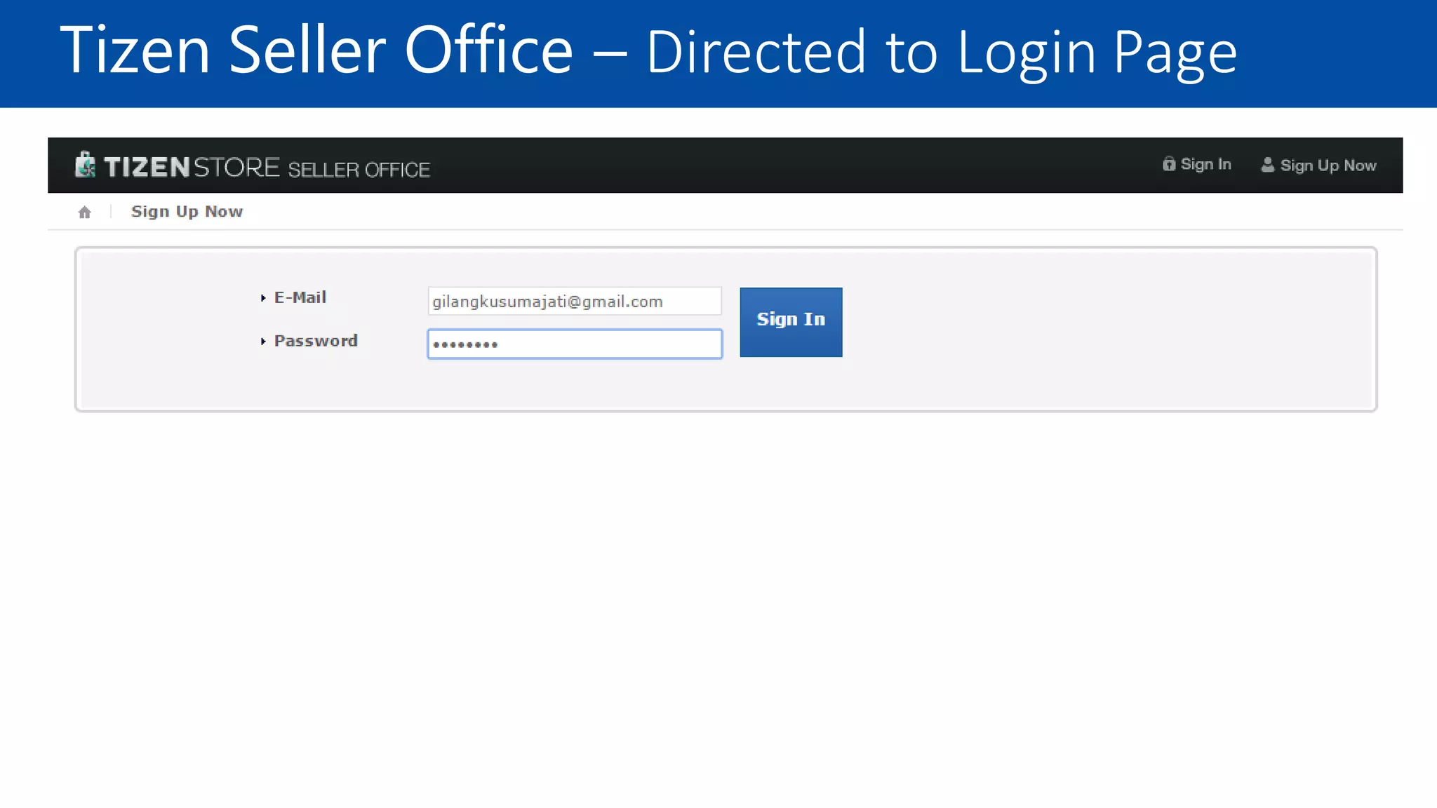 Tizen Seller Office – Directed to Login Page
 
